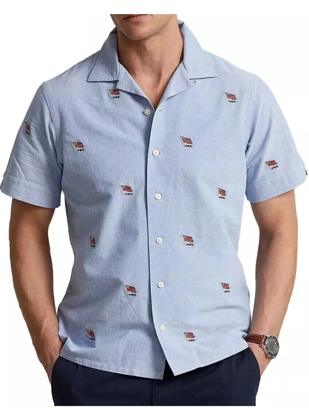 Polo Ralph Lauren Button Up Blue Flag Embroidered Short Sleeve Oxford LT NWT